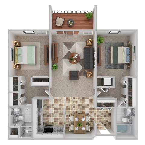 Floor plan for 2 beds, 2 baths, 1001 sqft